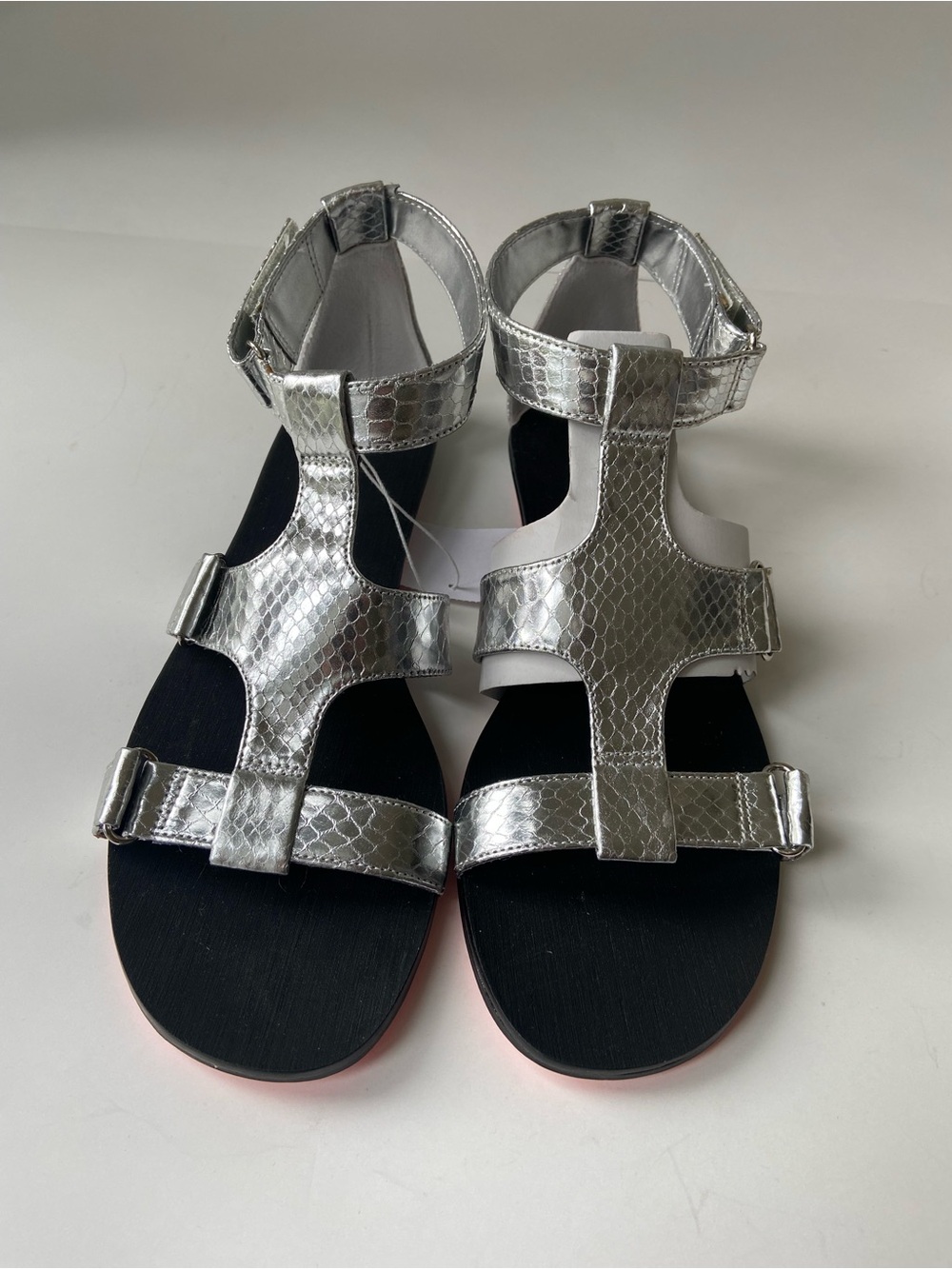 NWT Metallic Silver T-Strap Hook-and-Loop Sandals